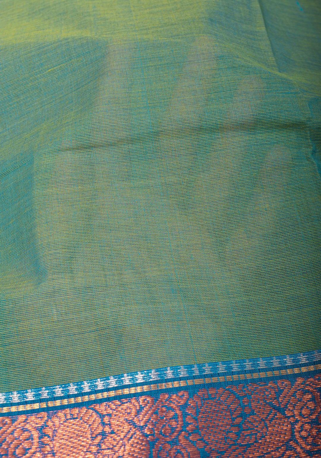 Blue-Green Dual tone Kanchi Cotton Saree with Ganga Jamuna zari border, No Blouse piece