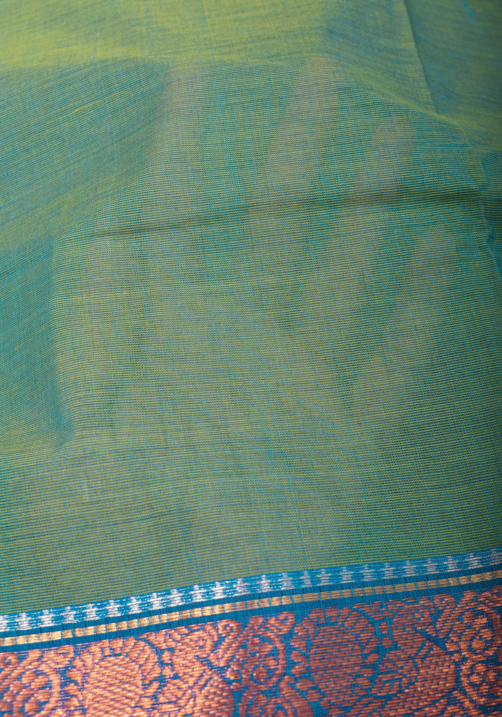 Blue-Green Dual tone Kanchi Cotton Saree with Ganga Jamuna zari border, No Blouse piece