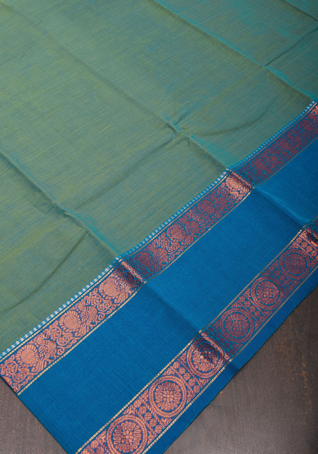 Blue-Green Dual tone Kanchi Cotton Saree with Ganga Jamuna zari border, No Blouse piece