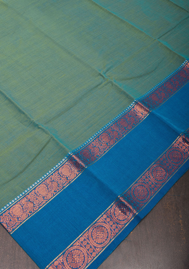 Blue-Green Dual tone Kanchi Cotton Saree with Ganga Jamuna zari border, No Blouse piece