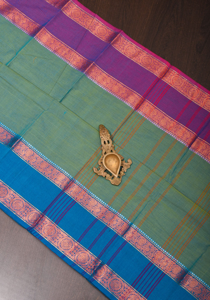 Blue-Green Dual tone Kanchi Cotton Saree with Ganga Jamuna zari border, No Blouse piece