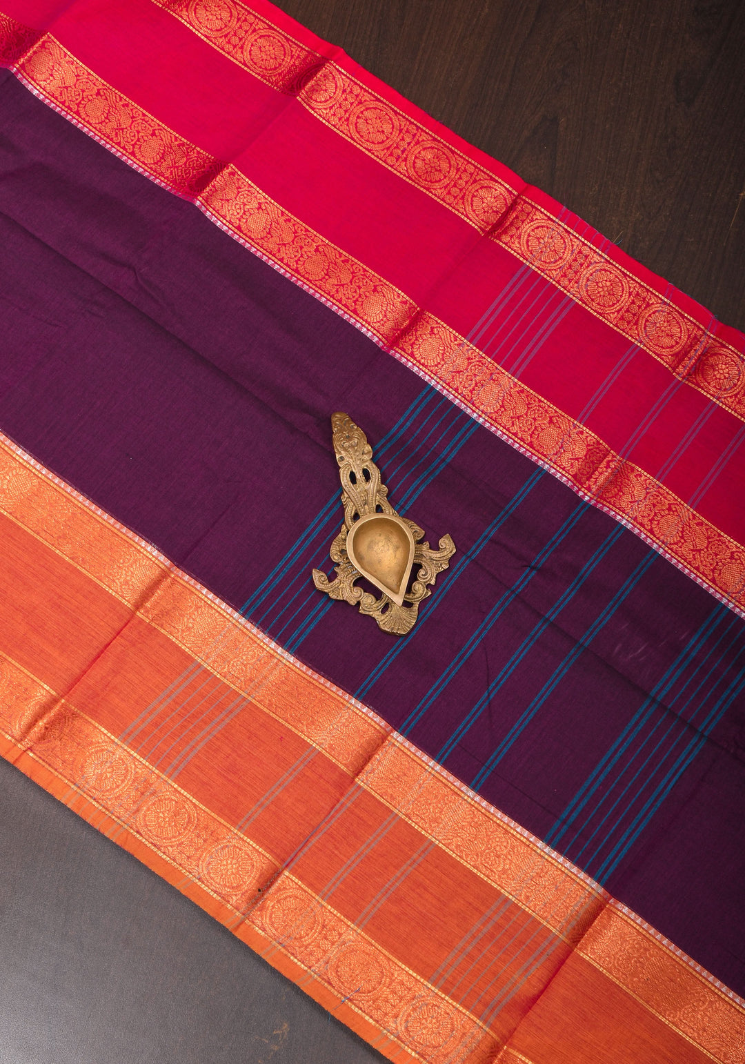 Eggplant Kanchi Cotton Saree with Ganga Jamuna zari border