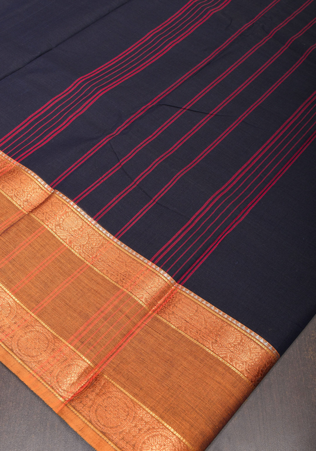 Blue Black  Kanchi Cotton Saree with Ganga Jamuna zari border