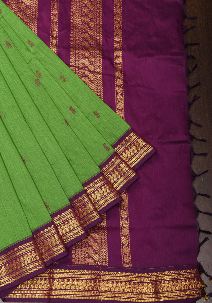Green Cotton Silk Saree with Zari borders and Plum Contrast