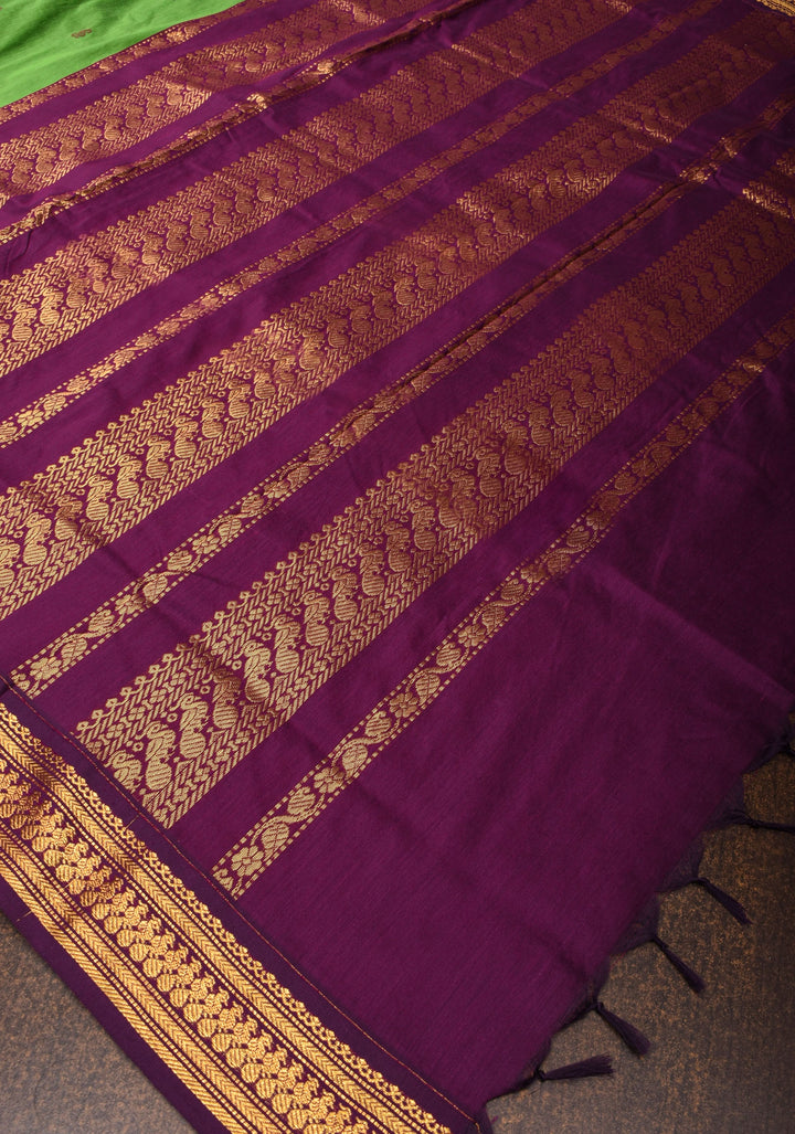 Green Cotton Silk Saree with Zari borders and Plum Contrast