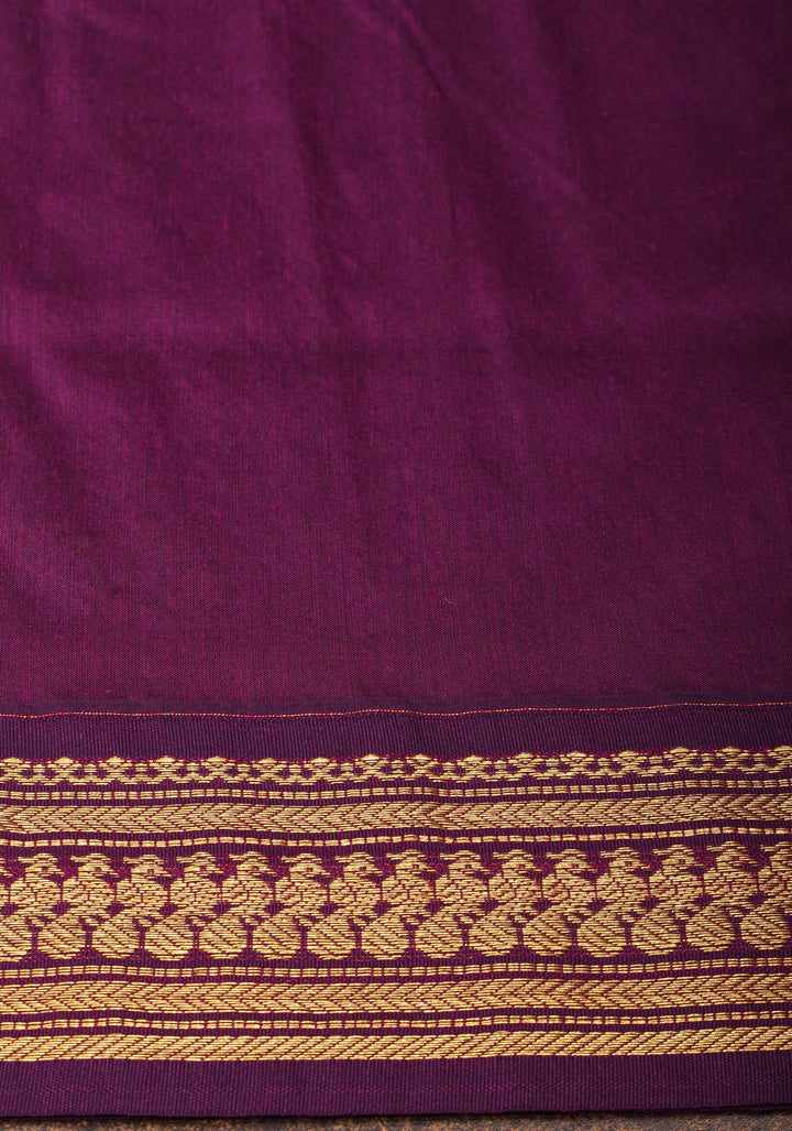 Green Cotton Silk Saree with Zari borders and Plum Contrast