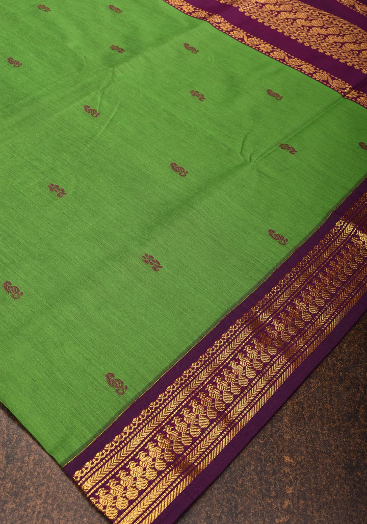 Green Cotton Silk Saree with Zari borders and Plum Contrast