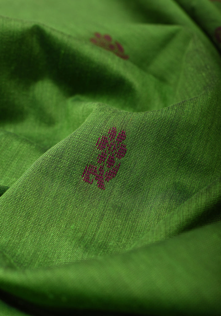 Green Cotton Silk Saree with Zari borders and Plum Contrast