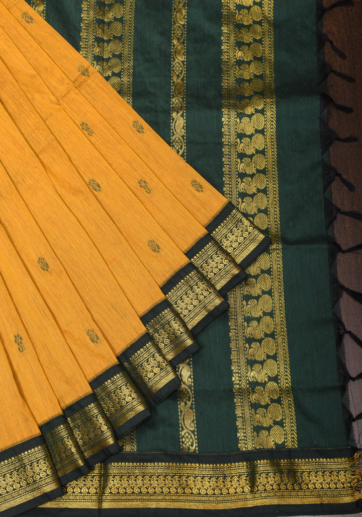 Ochre Cotton Silk Saree with Zari borders and GreenBlack Contrast