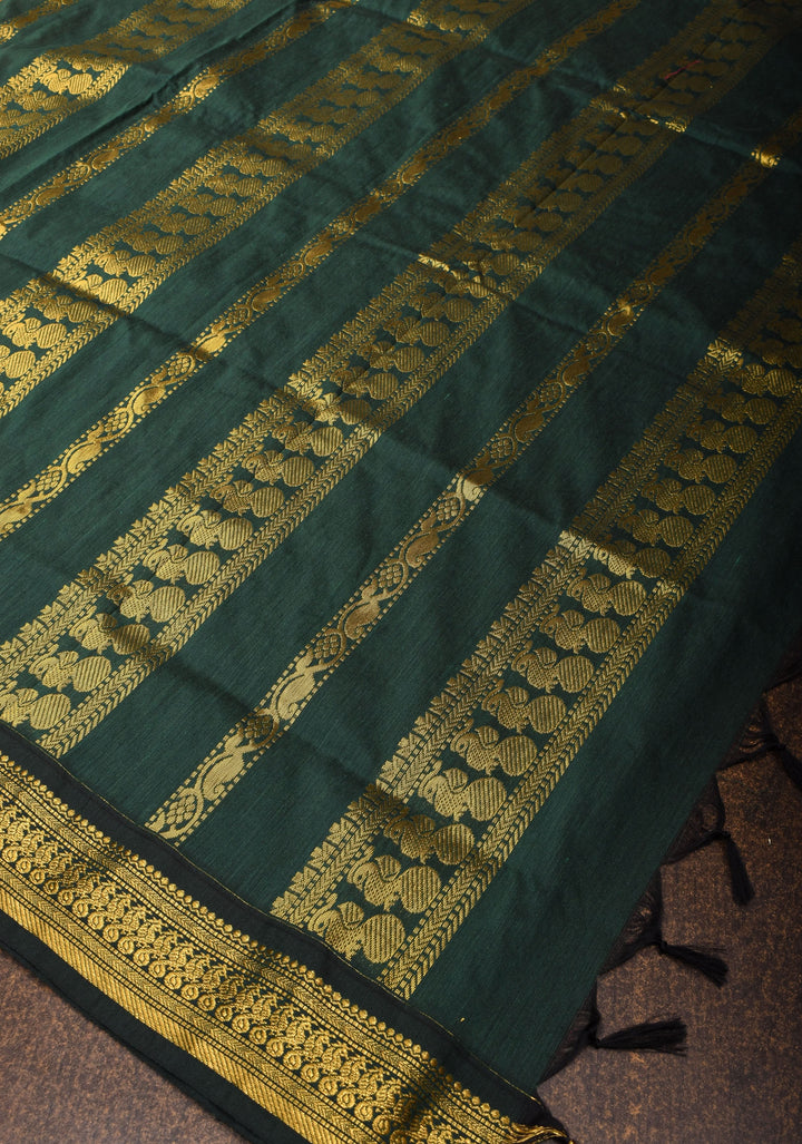 Ochre Cotton Silk Saree with Zari borders and GreenBlack Contrast