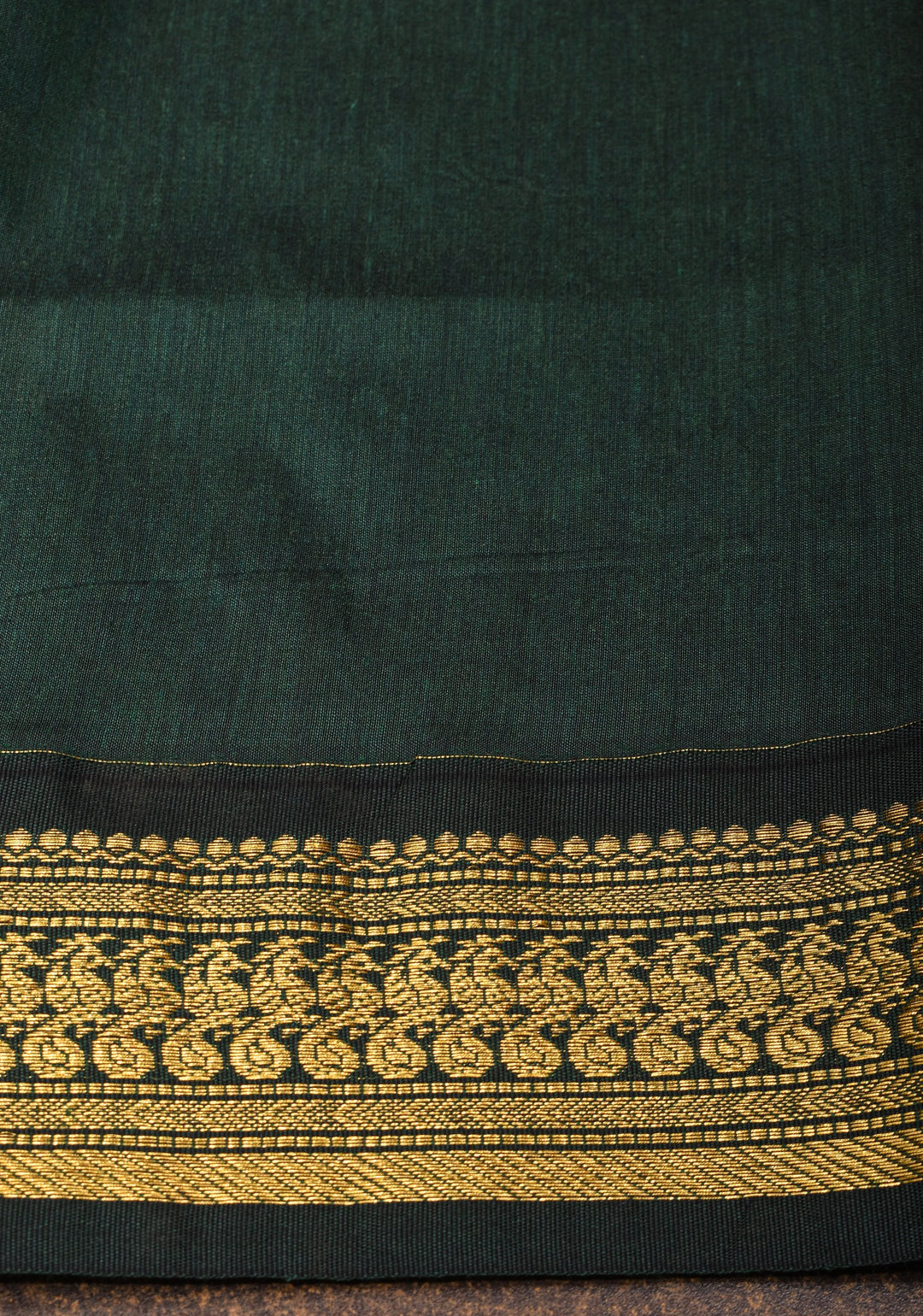 Ochre Cotton Silk Saree with Zari borders and GreenBlack Contrast