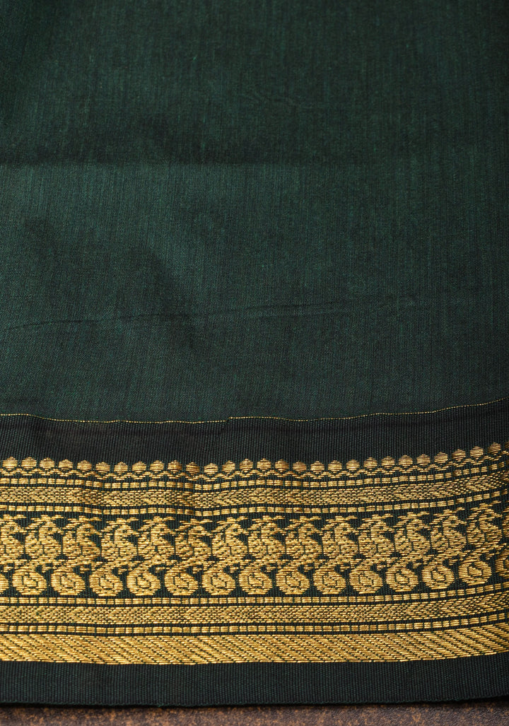Ochre Cotton Silk Saree with Zari borders and GreenBlack Contrast