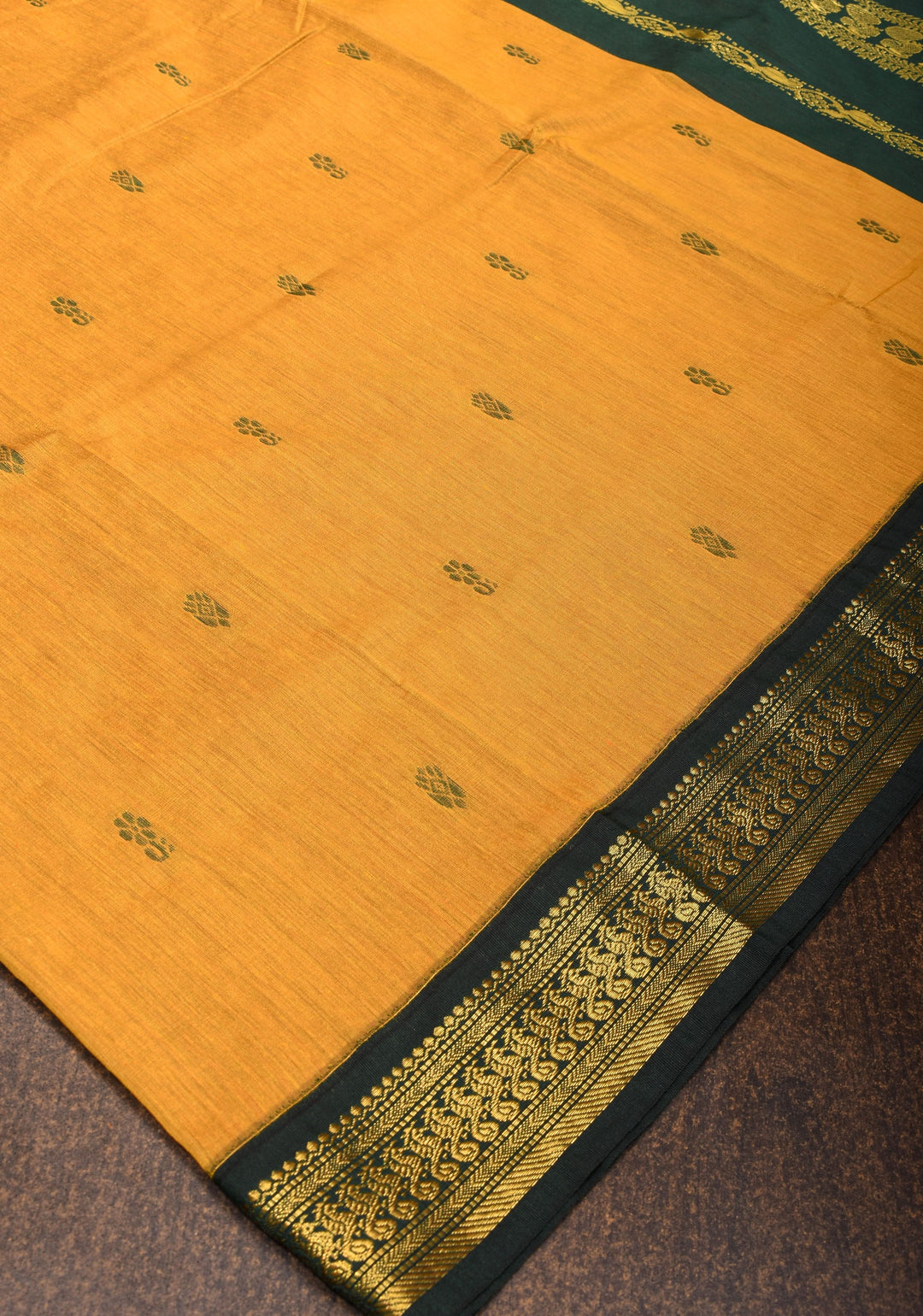 Ochre Cotton Silk Saree with Zari borders and GreenBlack Contrast