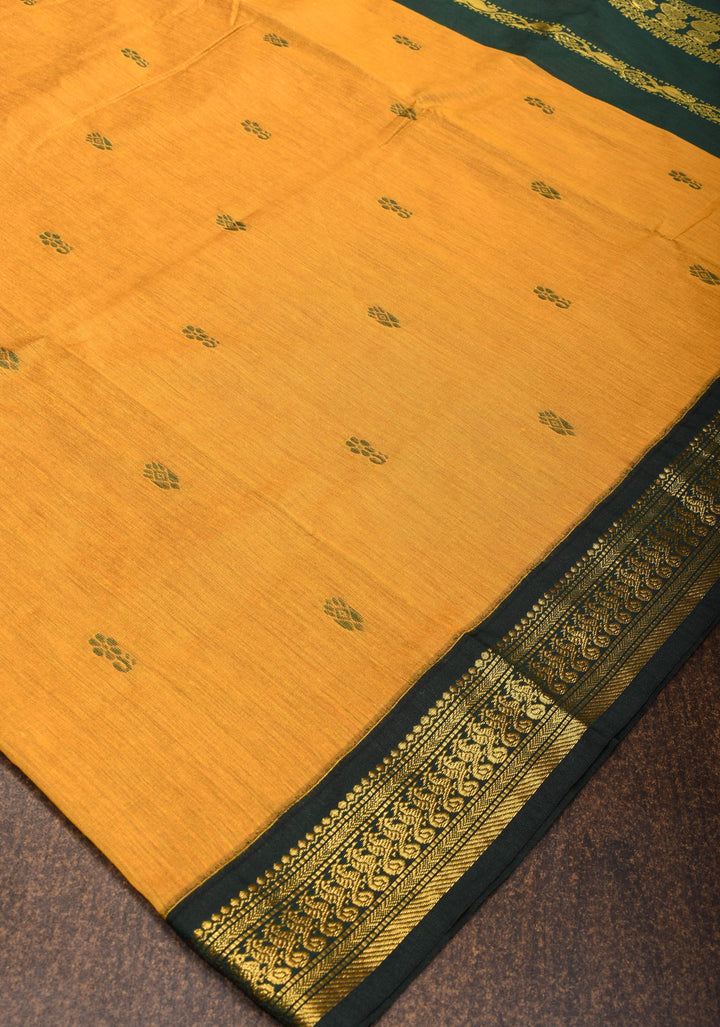Ochre Cotton Silk Saree with Zari borders and GreenBlack Contrast