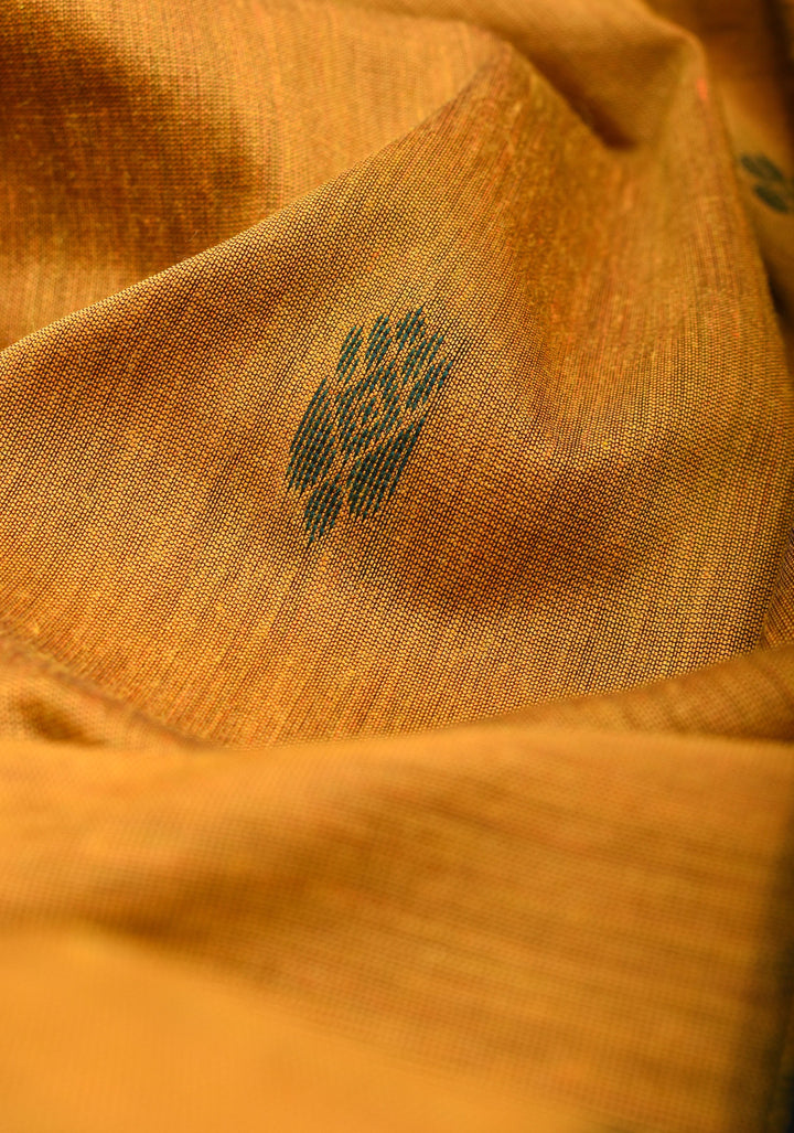 Ochre Cotton Silk Saree with Zari borders and GreenBlack Contrast