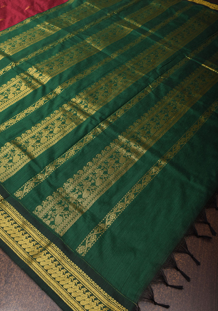 Maroon Cotton Silk Saree with Zari detailed Green Contrast