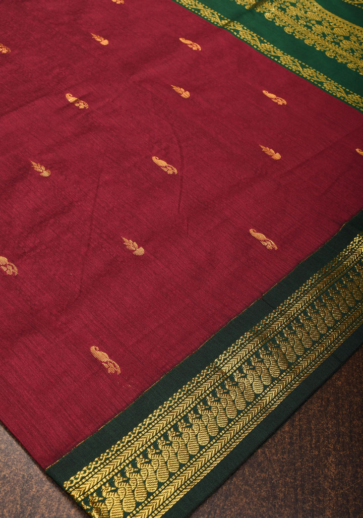 Maroon Cotton Silk Saree with Zari detailed Green Contrast