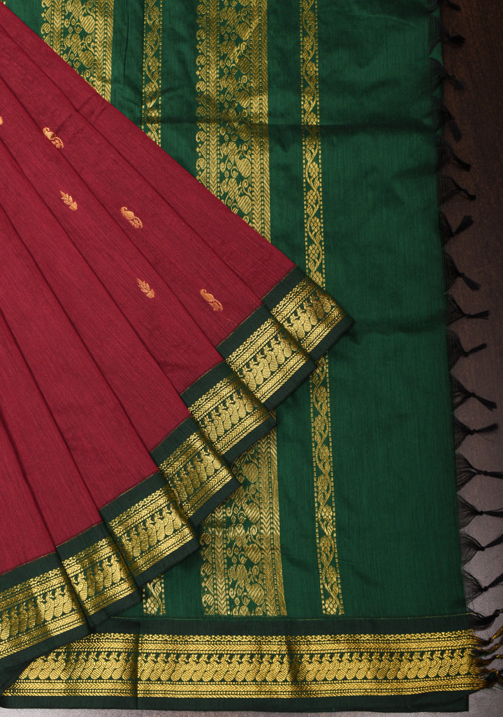 Maroon Cotton Silk Saree with Zari detailed Green Contrast