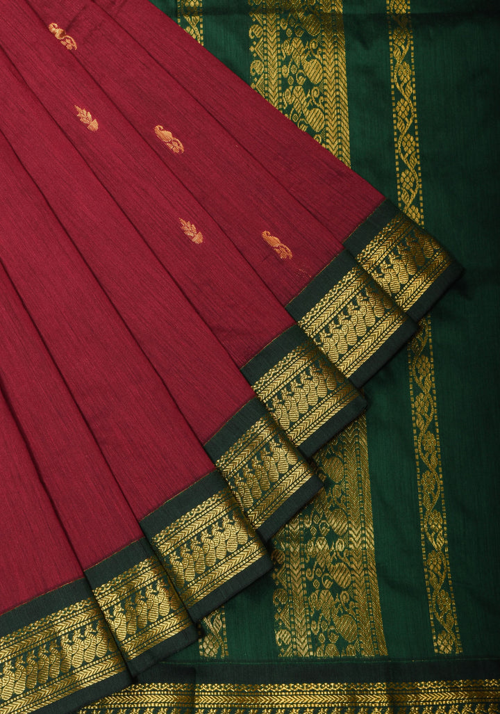 Maroon Cotton Silk Saree with Zari detailed Green Contrast