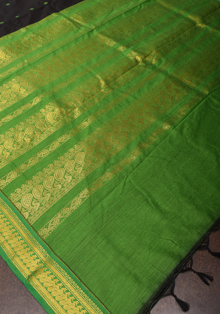Black Cotton Silk Saree with Green Contrast Border