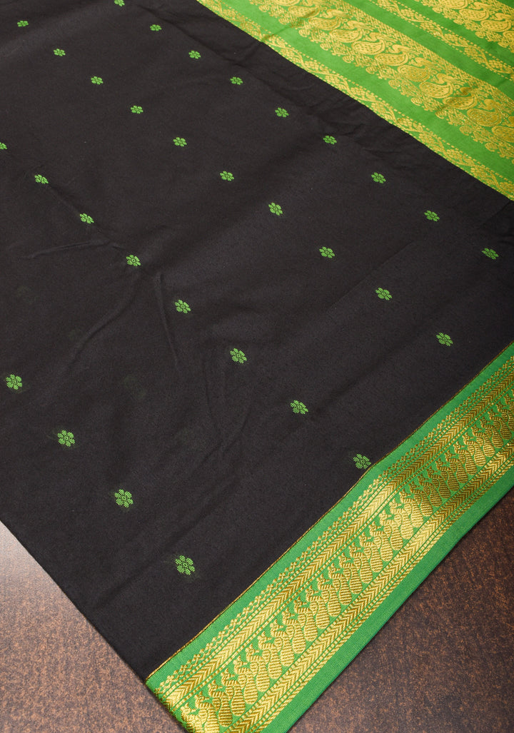 Black Cotton Silk Saree with Green Contrast Border
