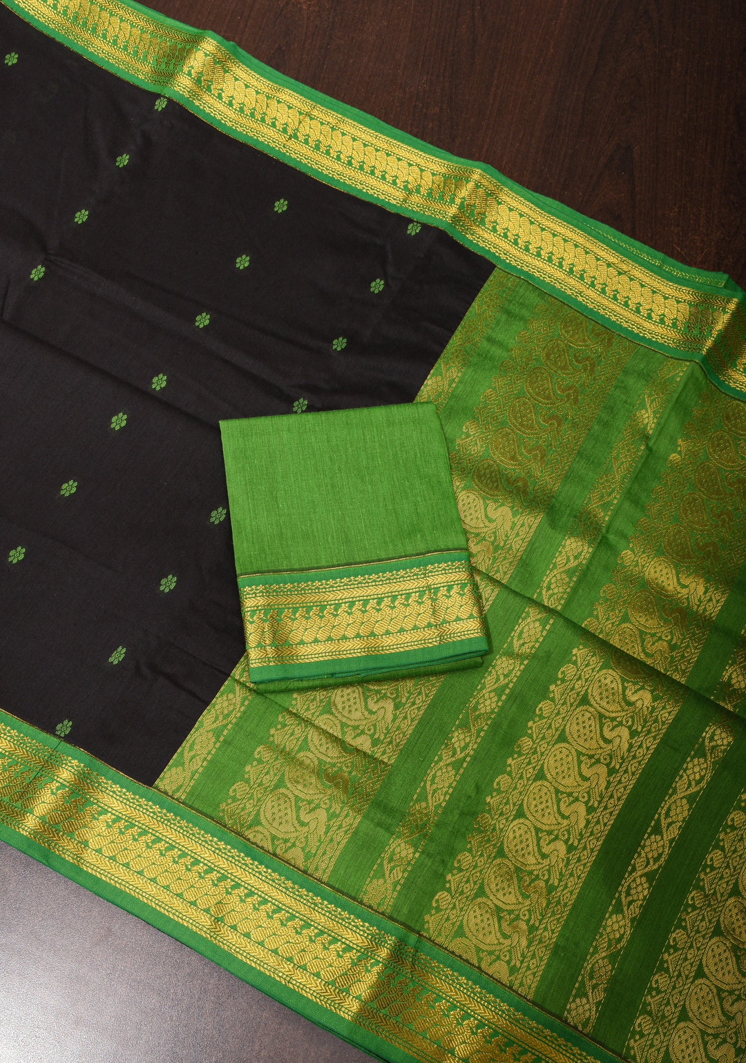 Black Cotton Silk Saree with Green Contrast Border