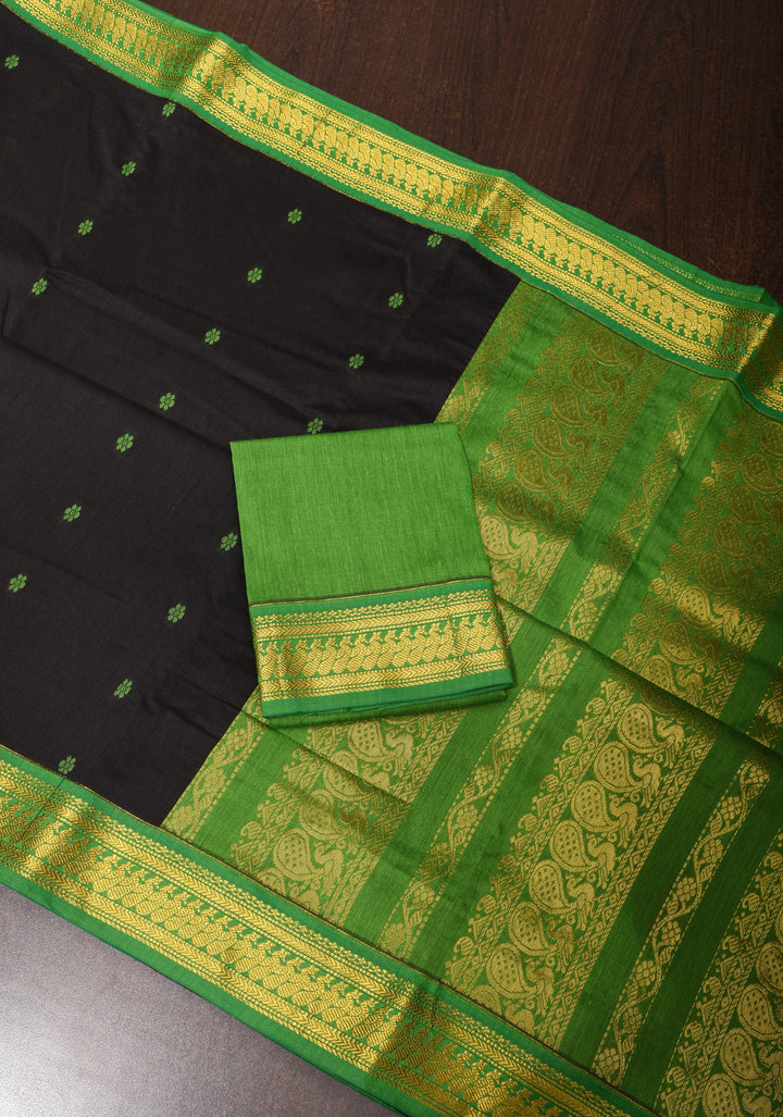 Black Cotton Silk Saree with Green Contrast Border