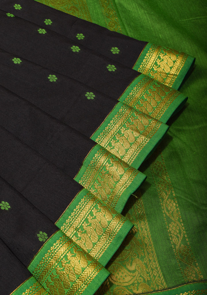 Black Cotton Silk Saree with Green Contrast Border