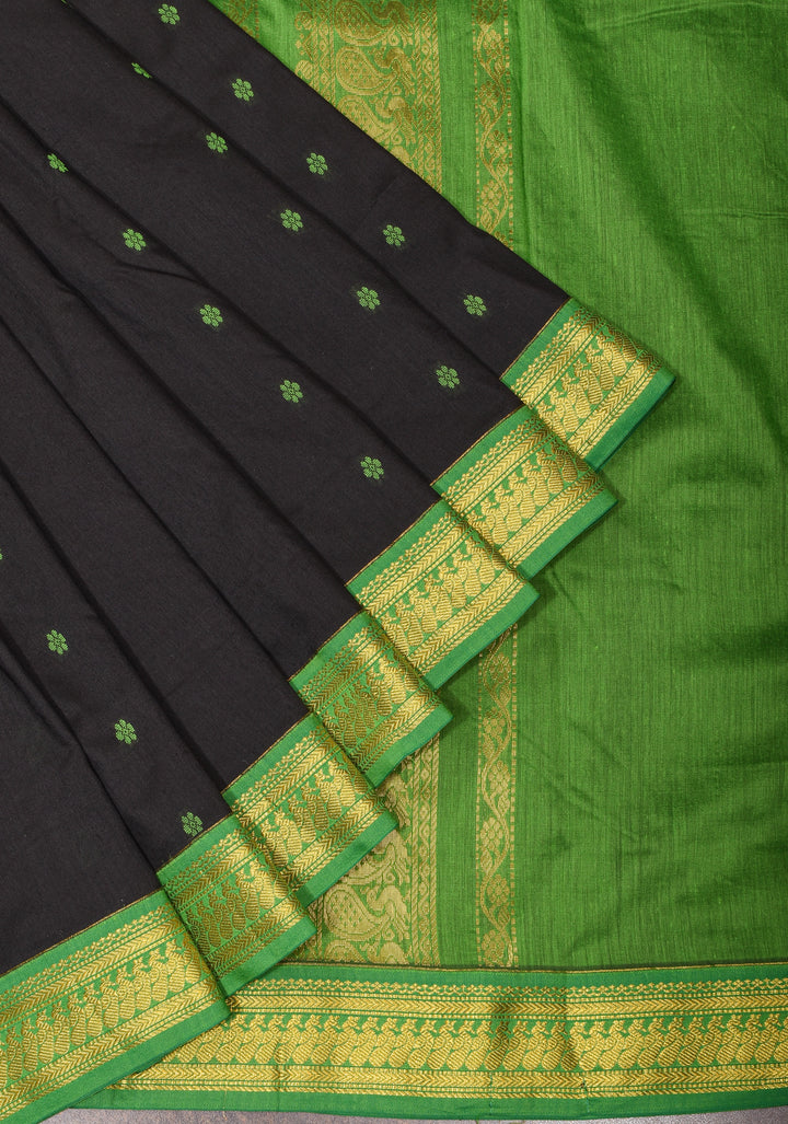 Black Cotton Silk Saree with Green Contrast Border