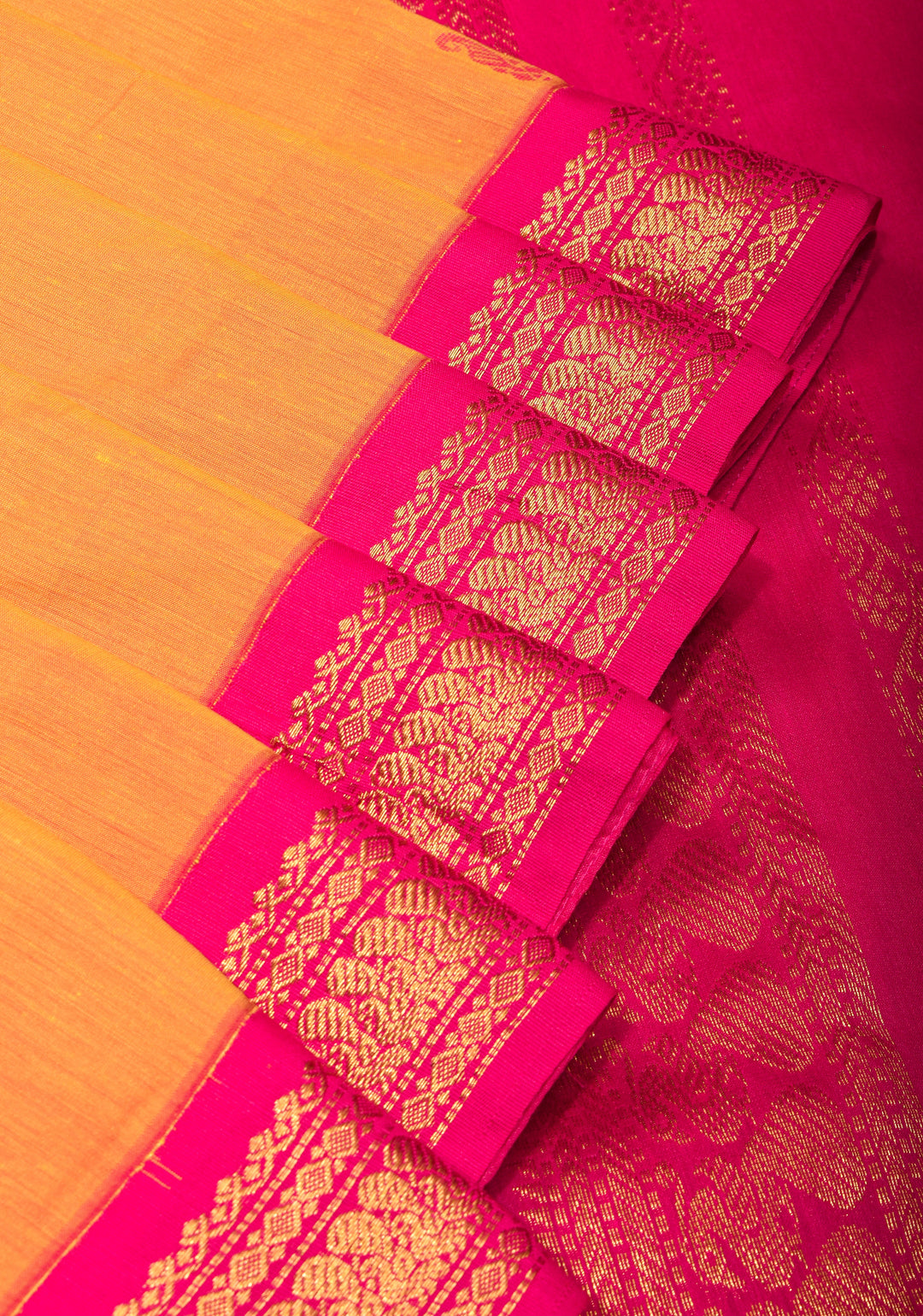 Cotton silk saree in yellow with Pink contrast Border
