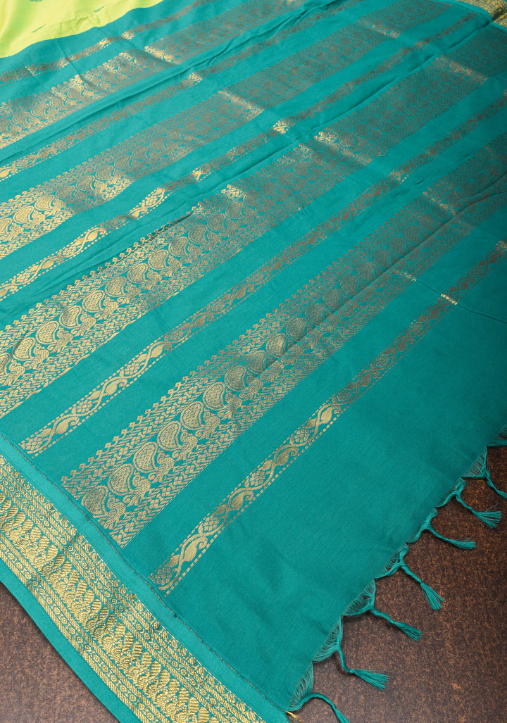 Lime Green Cotton Silk Saree with Teal contrast border