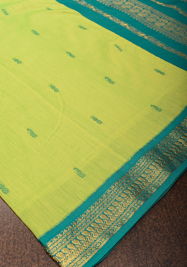 Lime Green Cotton Silk Saree with Teal contrast border
