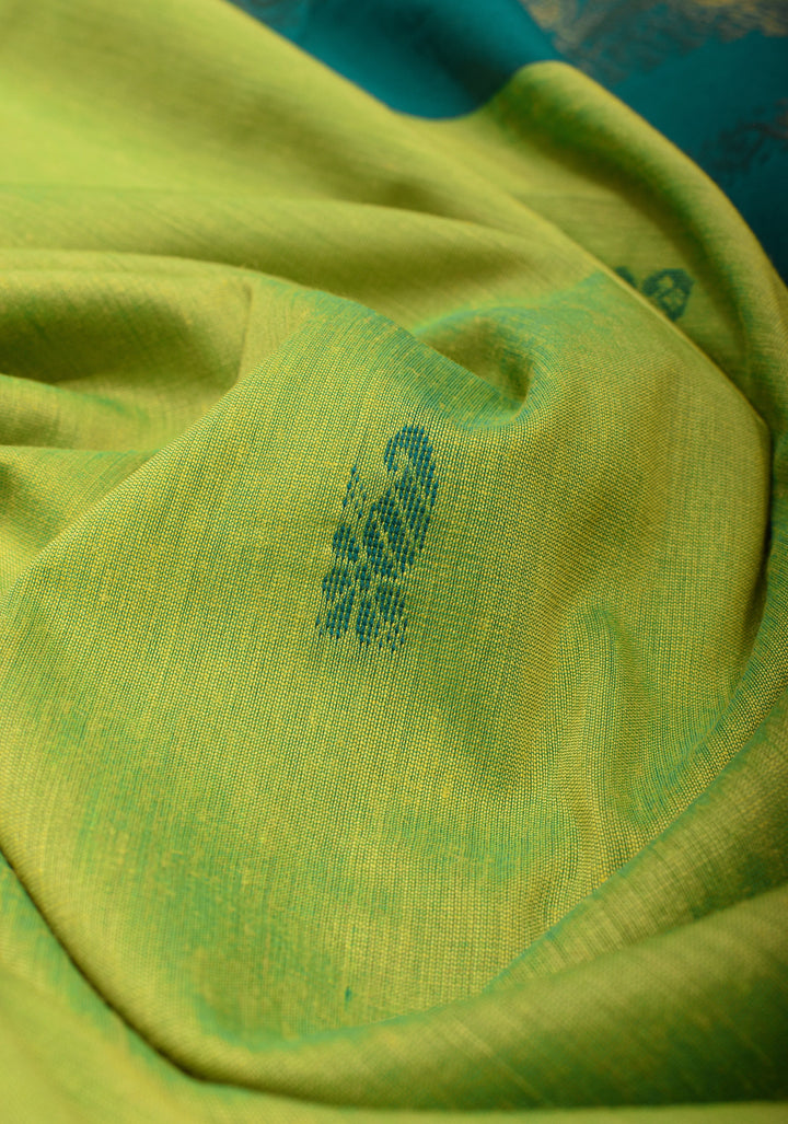 Lime Green Cotton Silk Saree with Teal contrast border