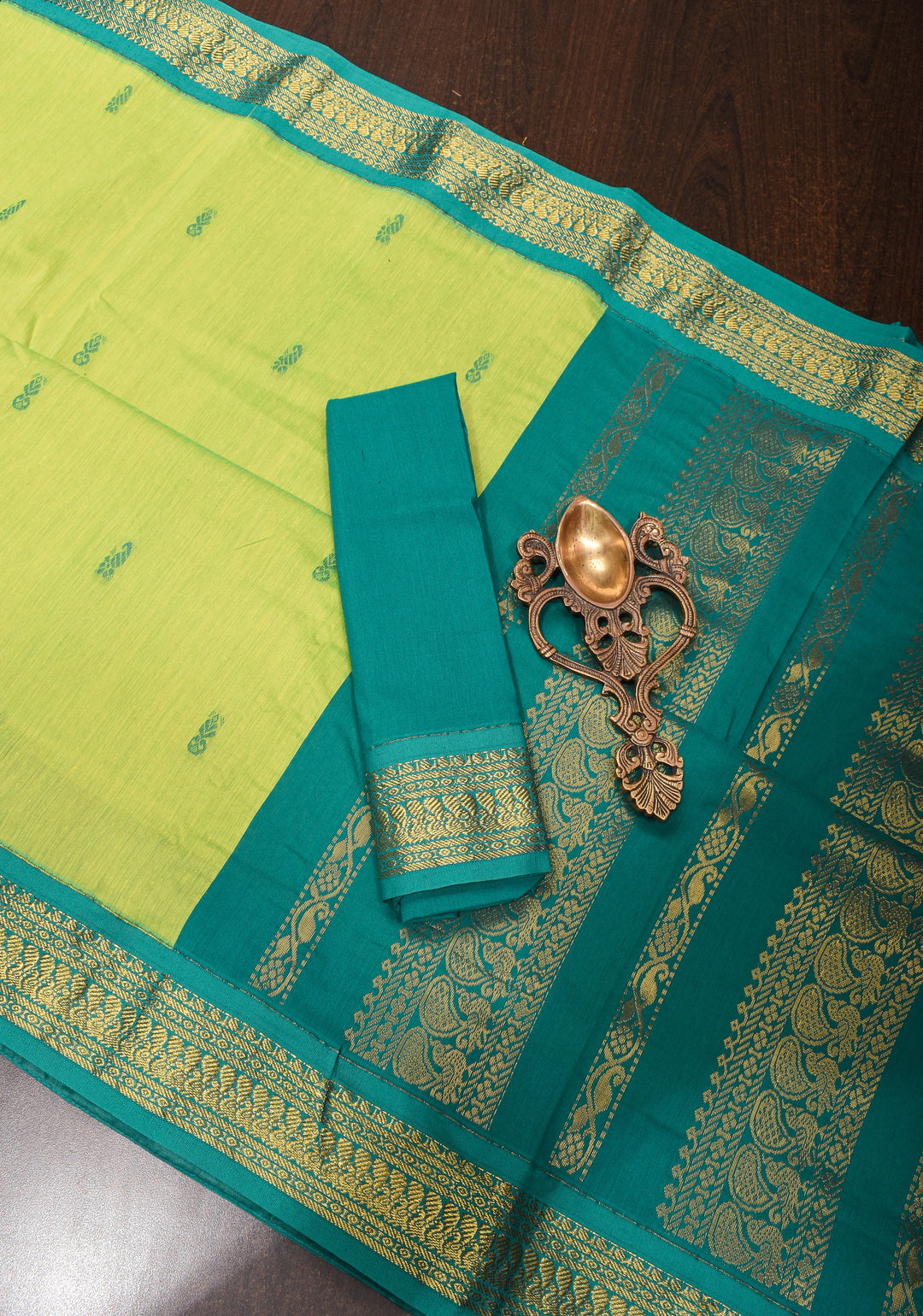 Lime Green Cotton Silk Saree with Teal contrast border