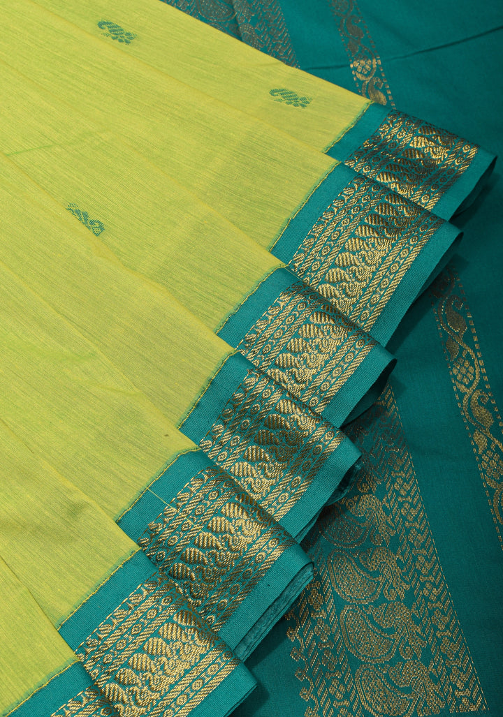 Lime Green Cotton Silk Saree with Teal contrast border