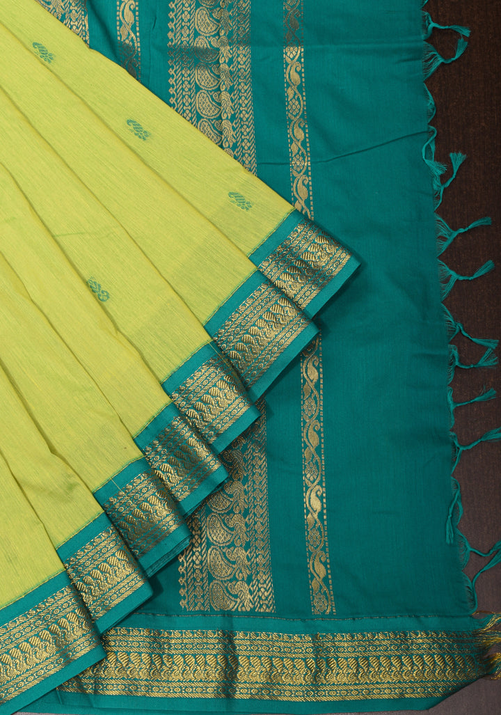 Lime Green Cotton Silk Saree with Teal contrast border