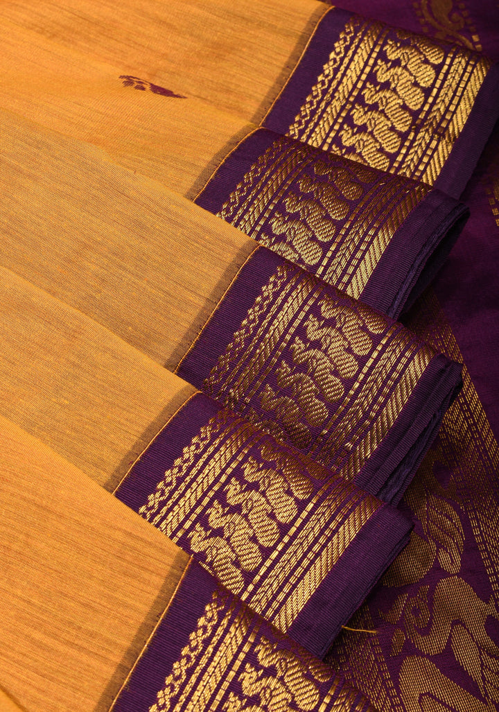 Ochre Cotton Silk Saree with Zari borders and Purple Contrast