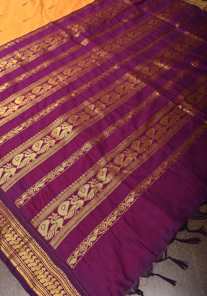 Ochre Cotton Silk Saree with Zari borders and Purple Contrast