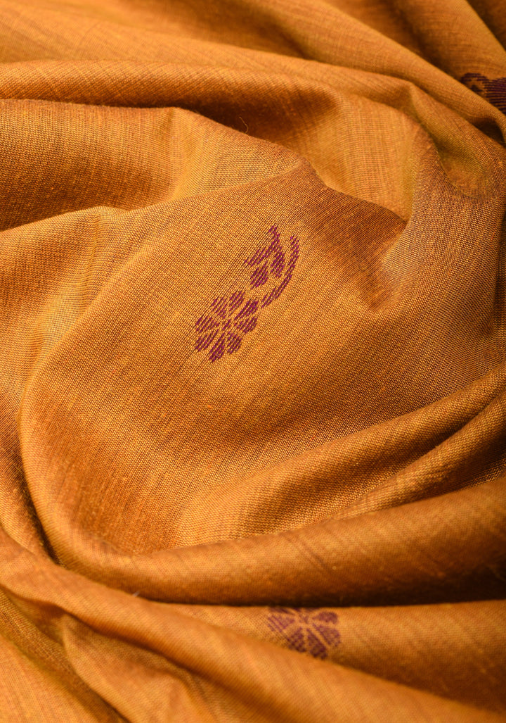 Ochre Cotton Silk Saree with Zari borders and Purple Contrast