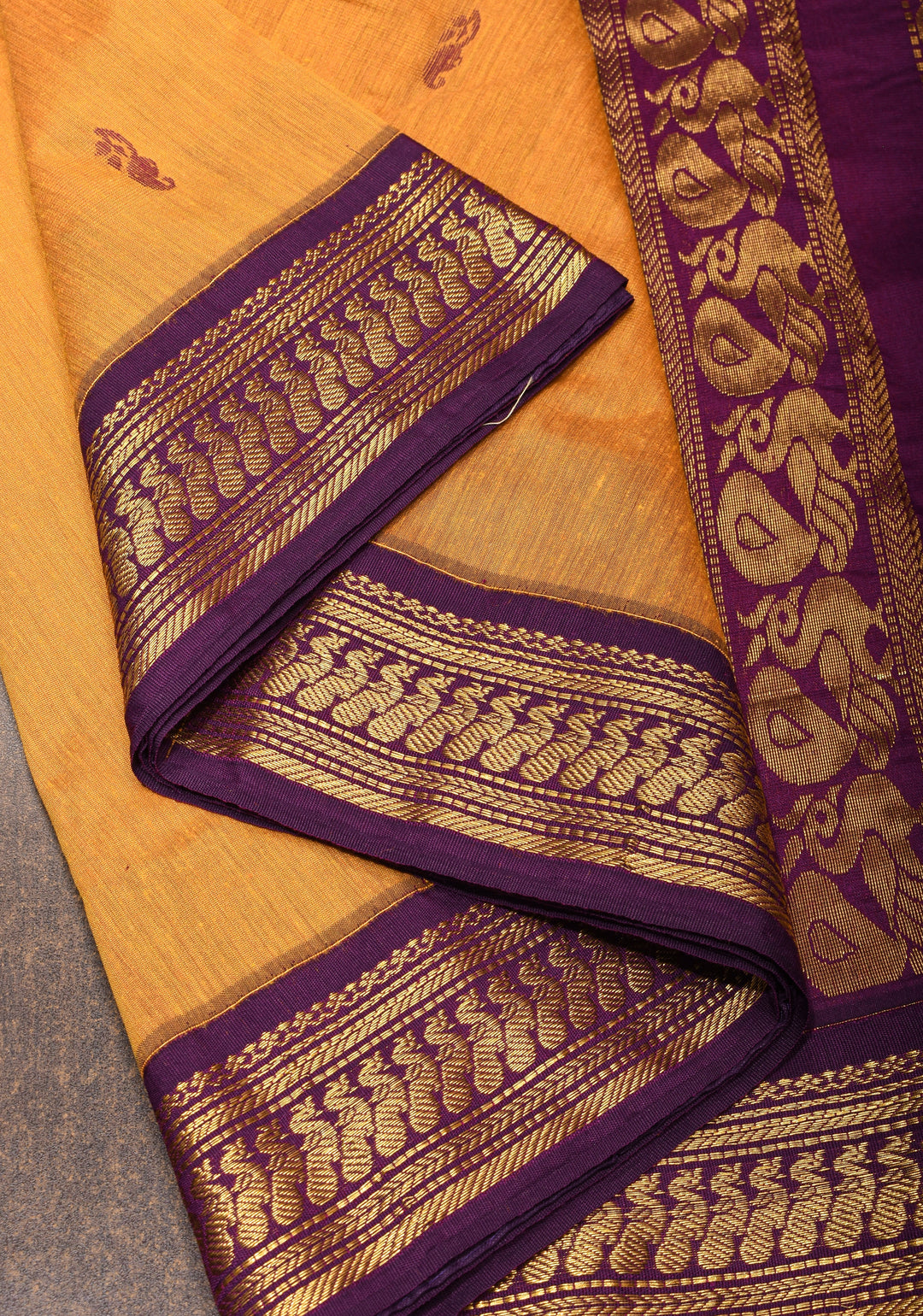 Ochre Cotton Silk Saree with Zari borders and Purple Contrast