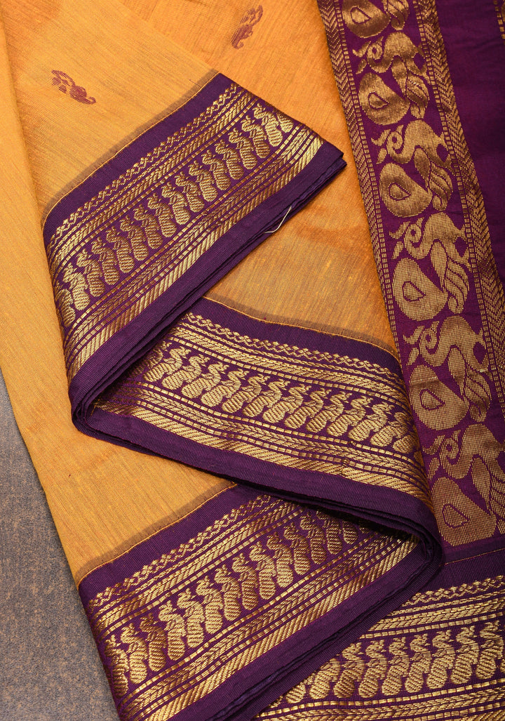 Ochre Cotton Silk Saree with Zari borders and Purple Contrast