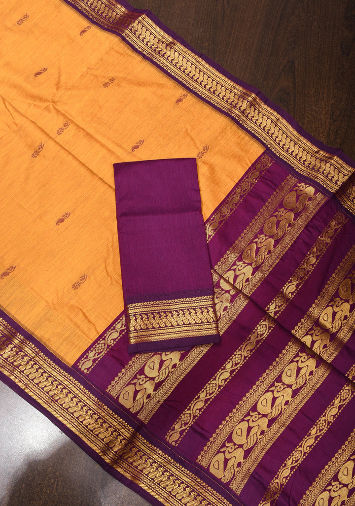 Ochre Cotton Silk Saree with Zari borders and Purple Contrast
