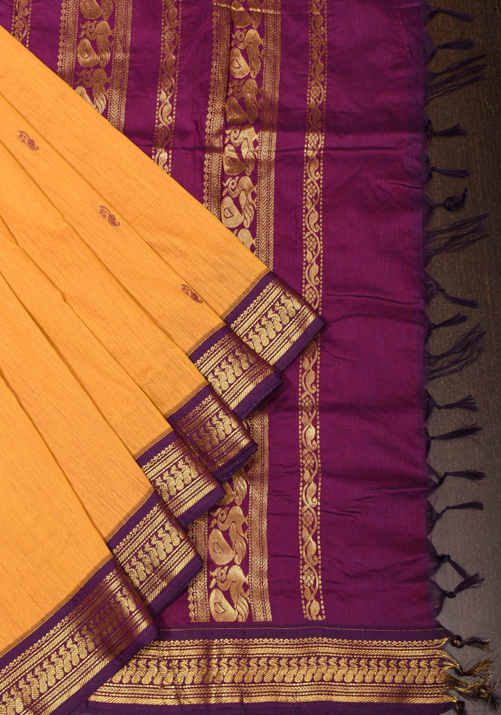 Ochre Cotton Silk Saree with Zari borders and Purple Contrast