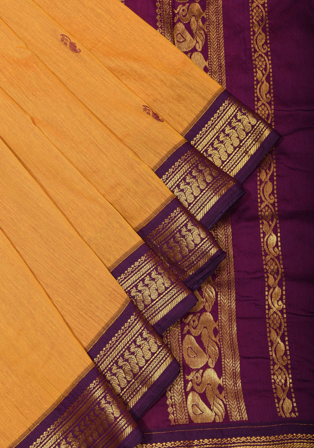 Ochre Cotton Silk Saree with Zari borders and Purple Contrast