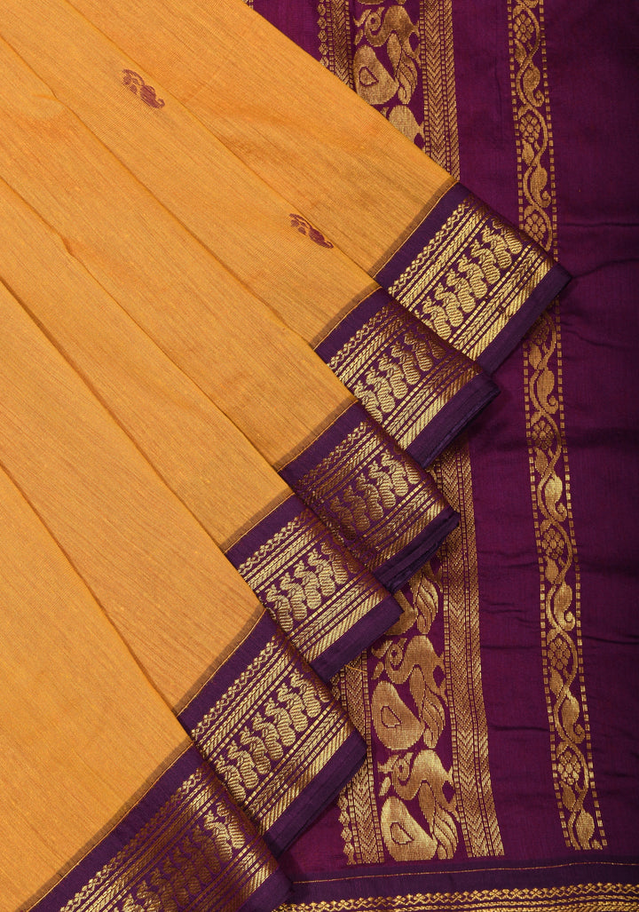 Ochre Cotton Silk Saree with Zari borders and Purple Contrast