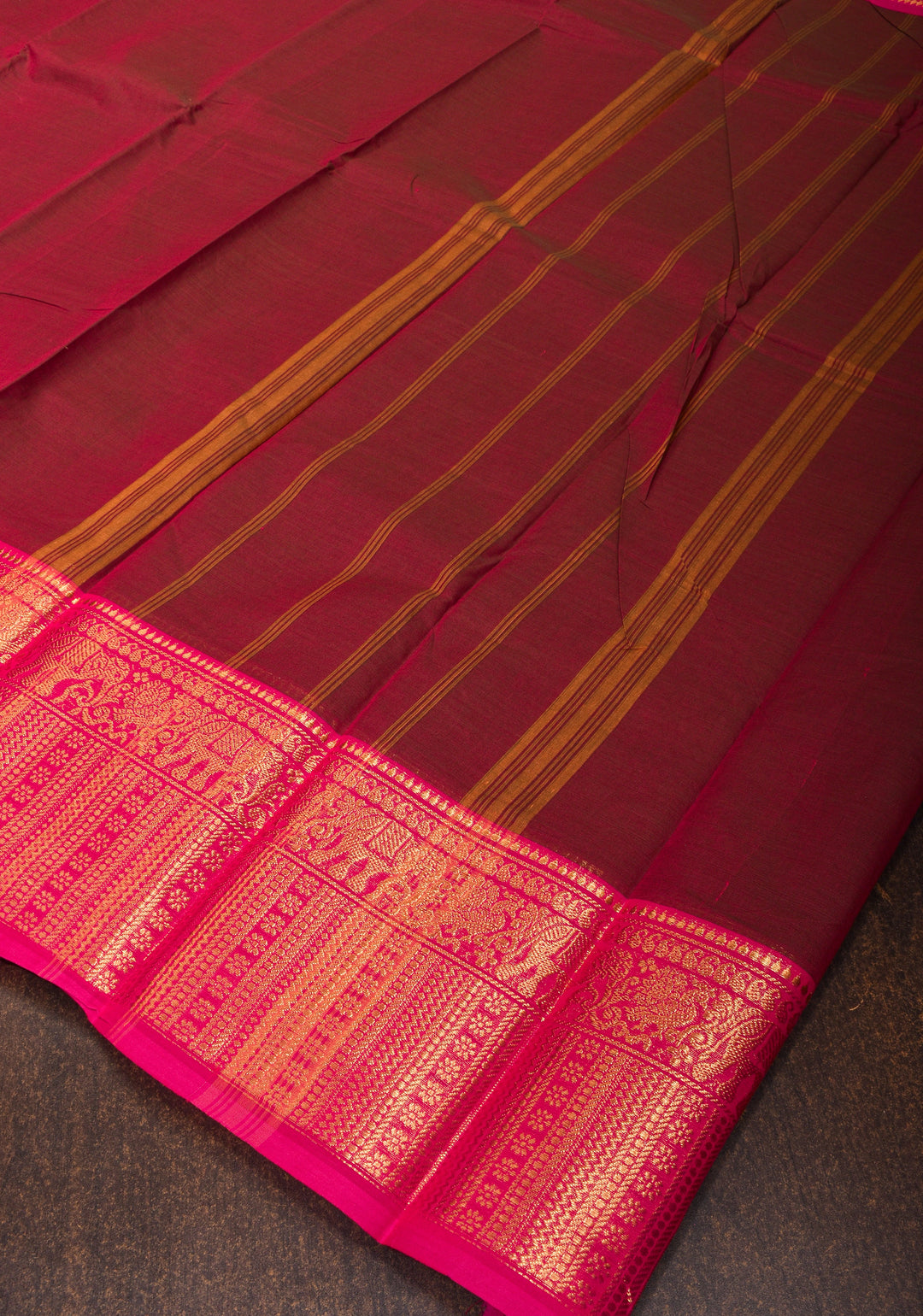 Dark Maroon Cotton Silk Saree with Pink contrast Zari Border, No Blouse Piece