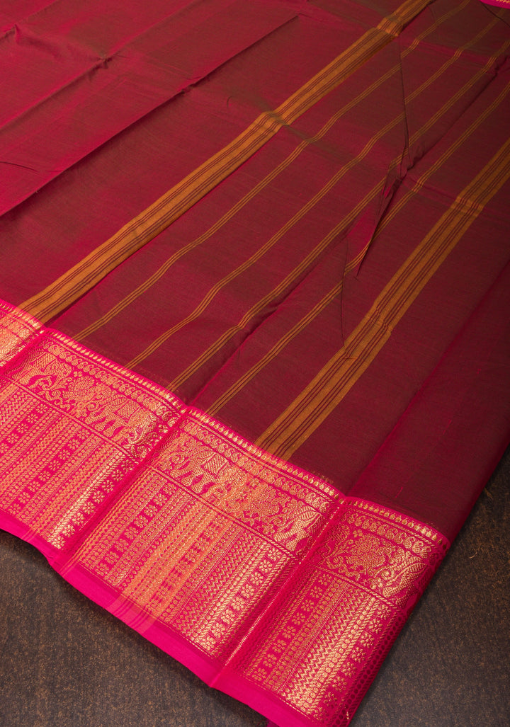 Dark Maroon Cotton Silk Saree with Pink contrast Zari Border, No Blouse Piece