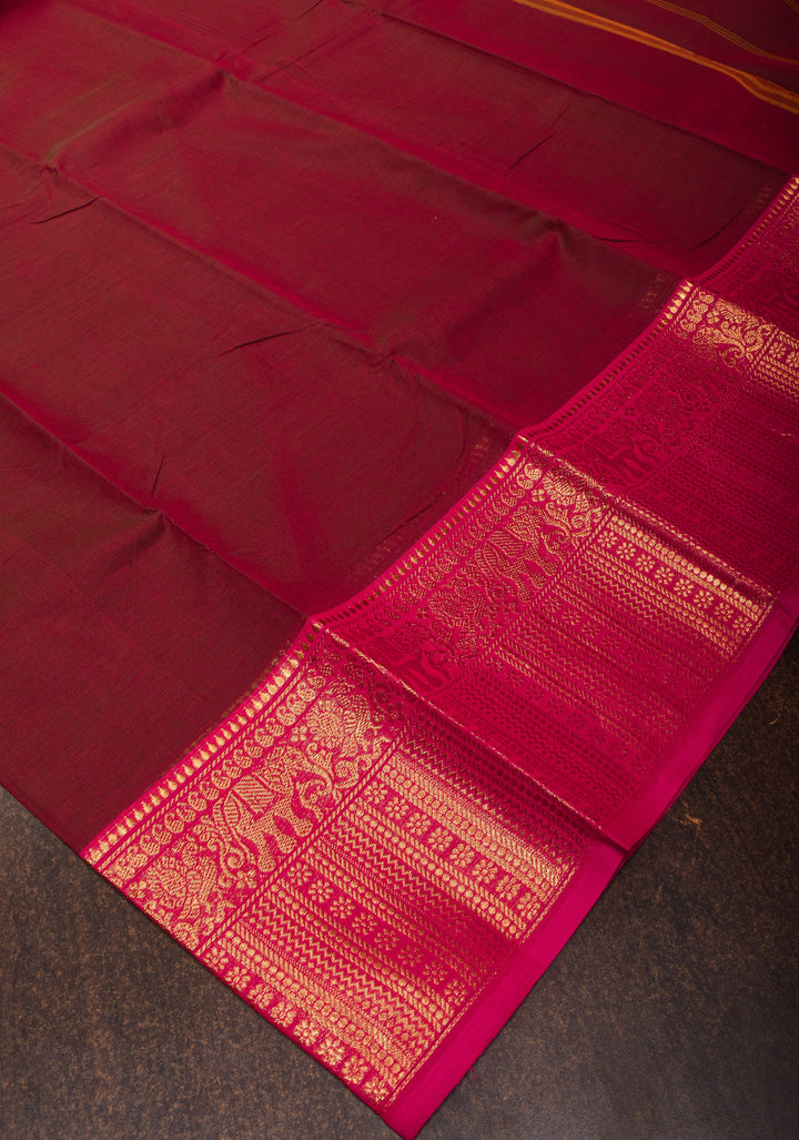 Dark Maroon Cotton Silk Saree with Pink contrast Zari Border, No Blouse Piece