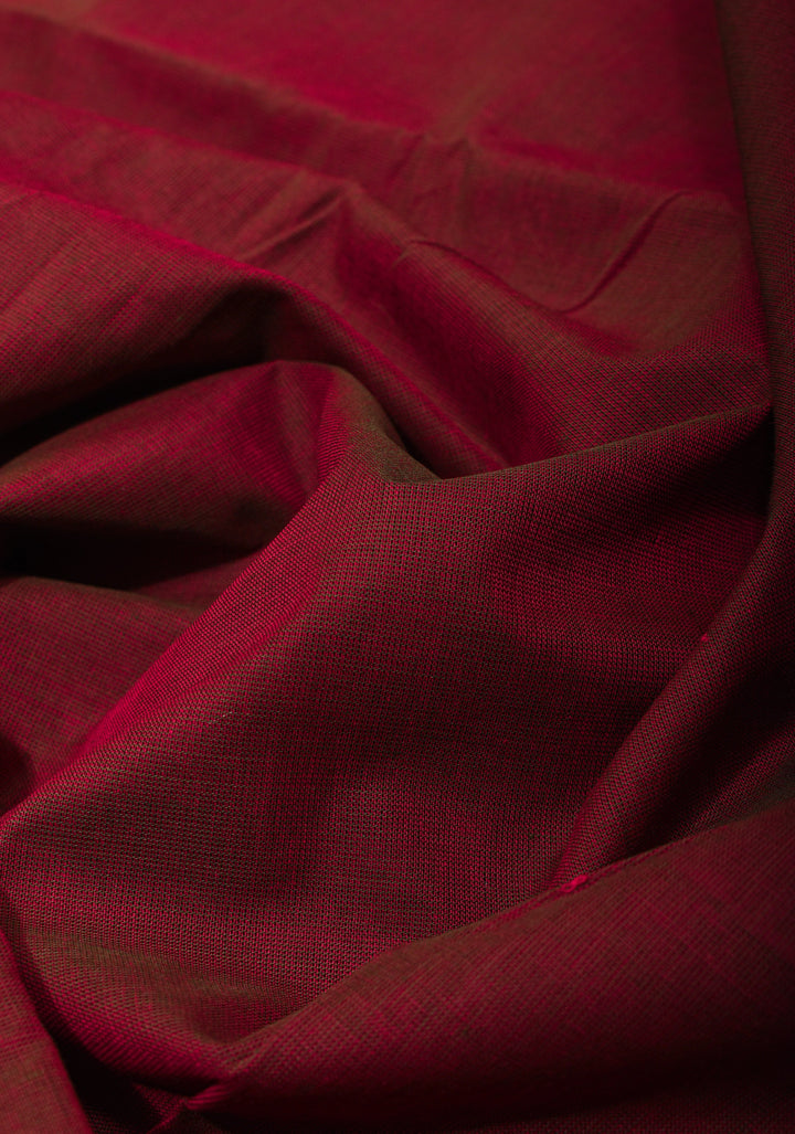 Dark Maroon Cotton Silk Saree with Pink contrast Zari Border, No Blouse Piece
