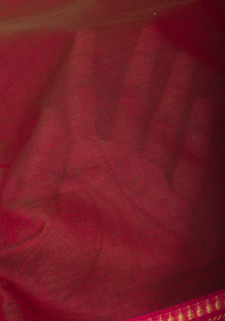 Dark Maroon Cotton Silk Saree with Pink contrast Zari Border, No Blouse Piece